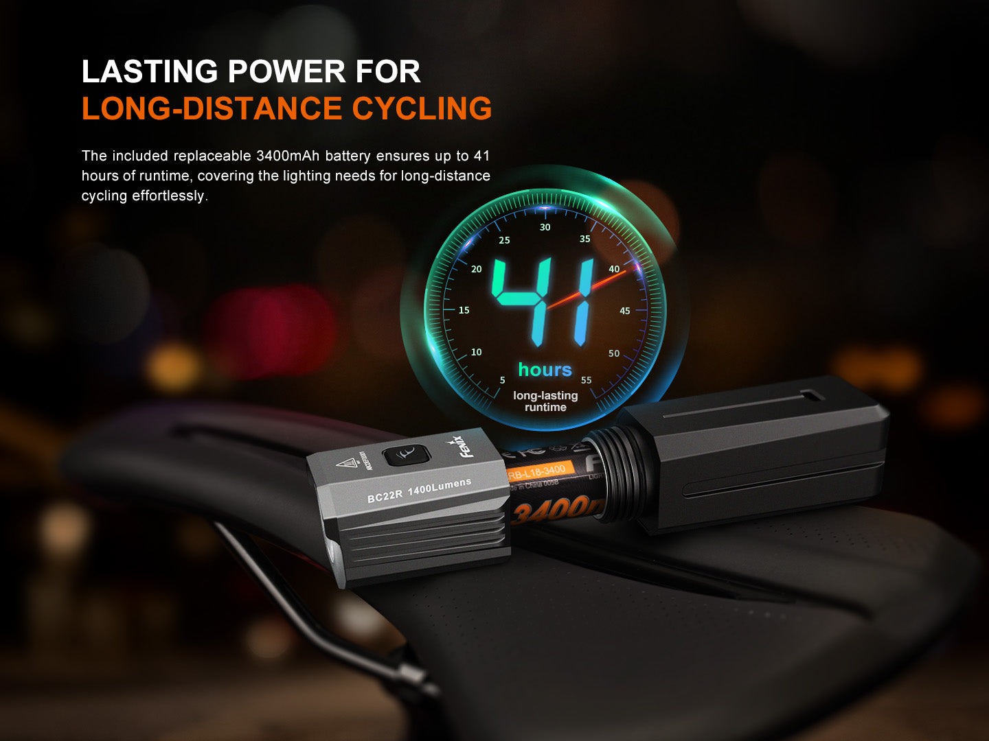 Fenix BC22R bike light showing compact design and battery life indicator for optimal performance on road bikes.
