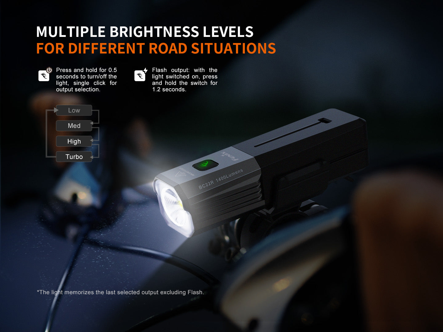 Fenix BC22R bike light displaying various brightness levels for enhanced road visibility during nighttime rides.