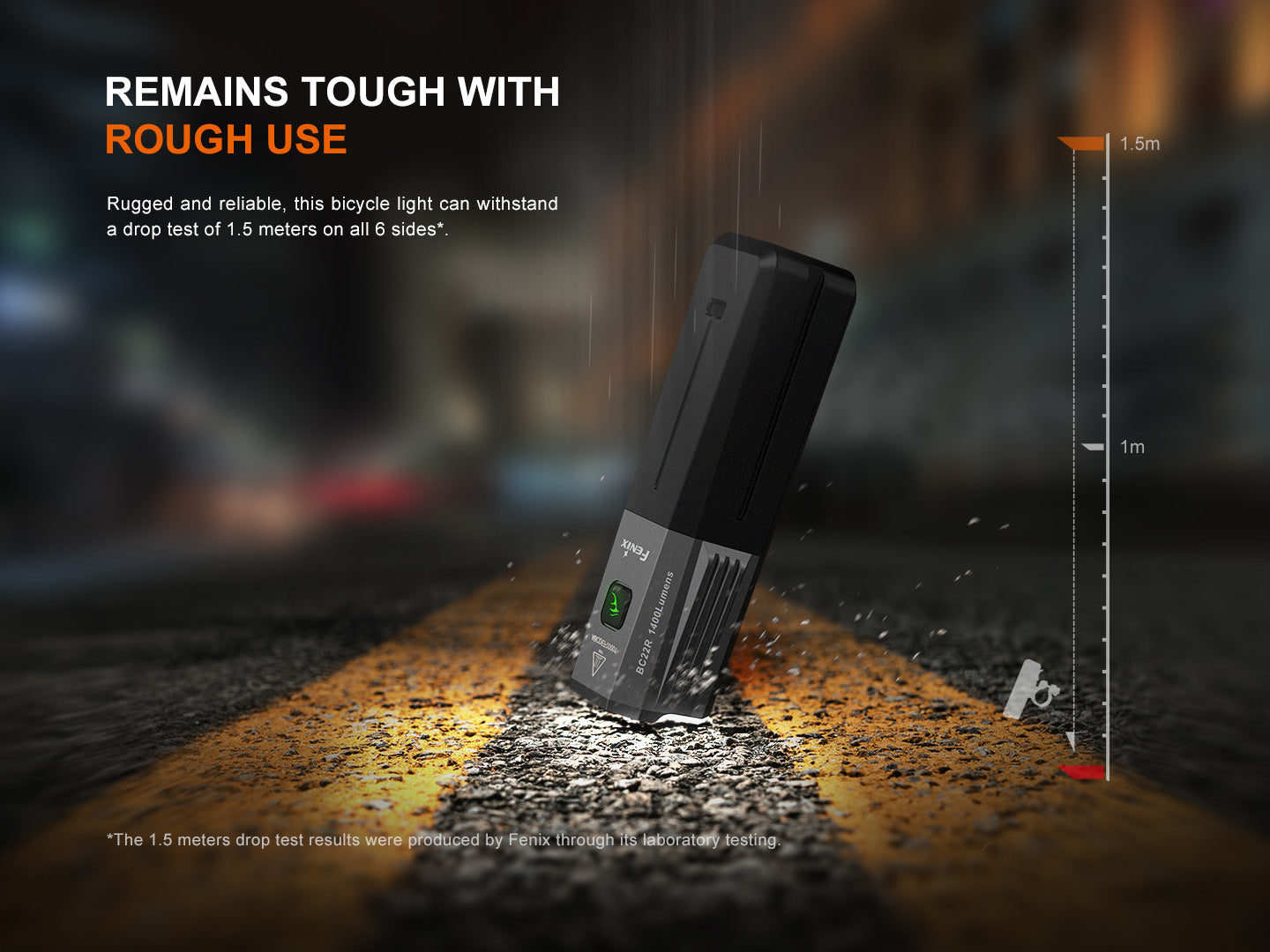 Fenix BC22R high-performance bike light showing sturdy design and bright illumination for road cycling.