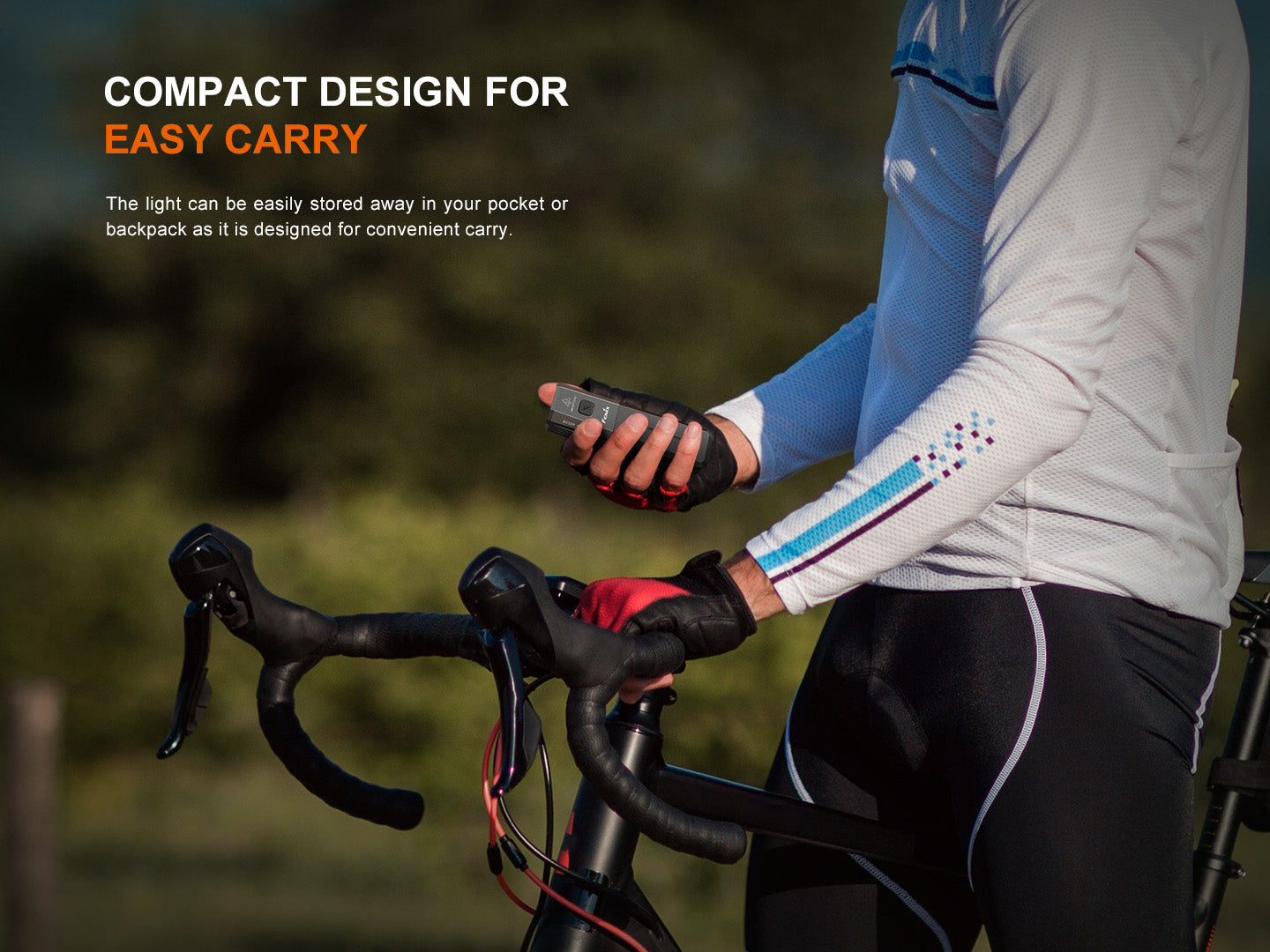 Fenix BC22R high-performance road bike light with an easy carry design, showcasing the light and its compact features.