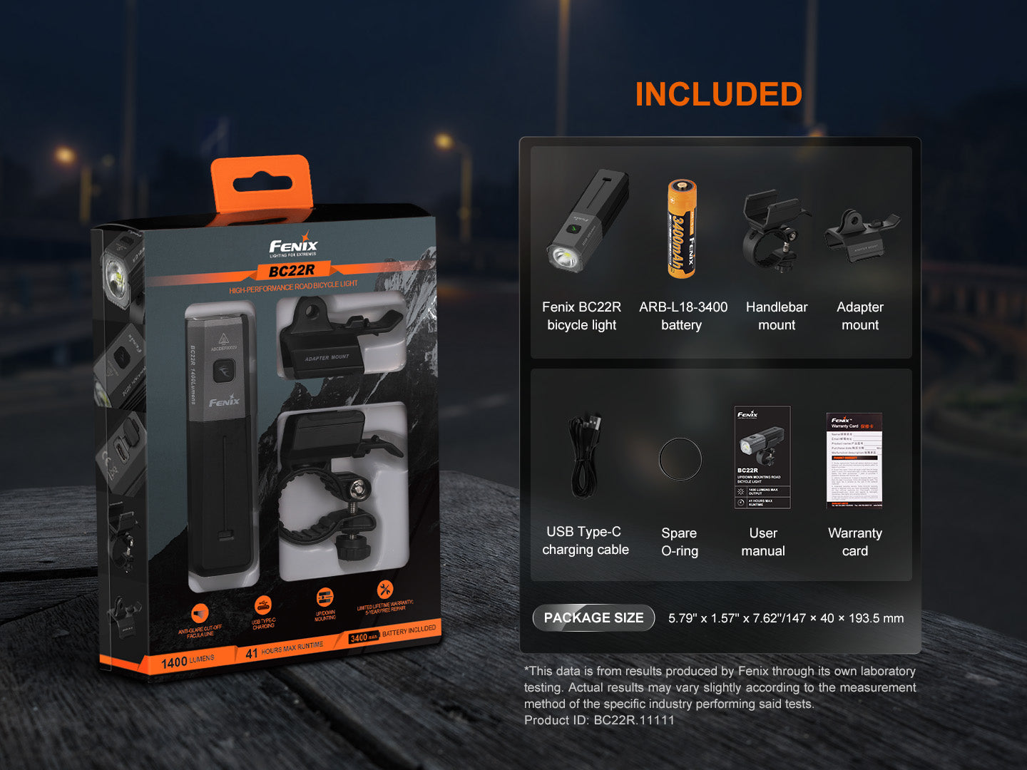 Fenix BC22R high-performance road bike light with adjustable beam, mounted on a bicycle handlebar against a blurred background.