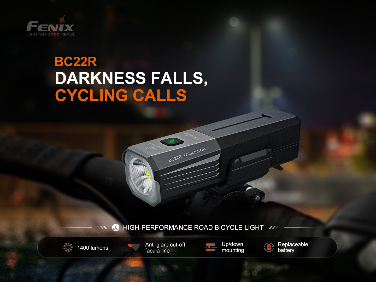 Fenix BC22R high-performance bike light illuminating a dark road, showcasing its sleek design and bright LED features.