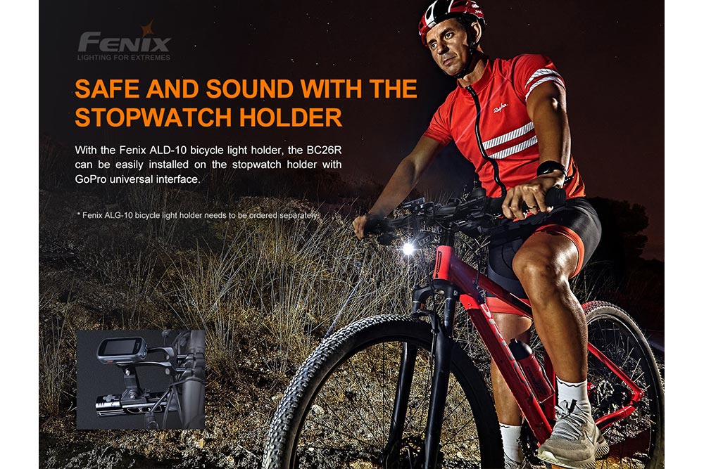 Fenix BC26R LED bike light with mounting accessories, showcasing a sleek design and powerful illumination for cycling.