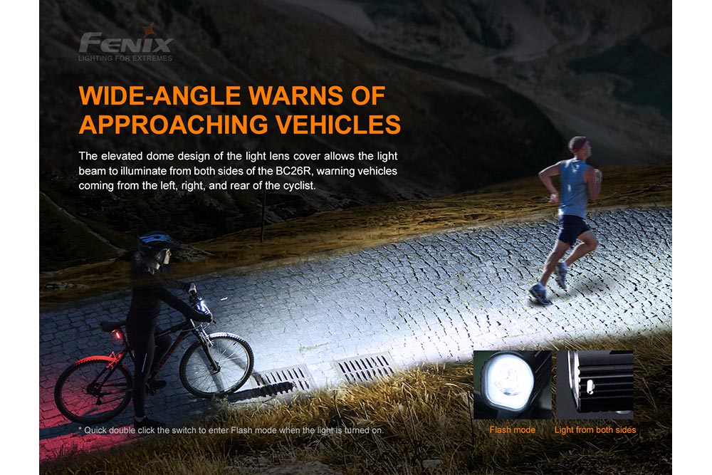 Fenix BC26R LED bike light angled view showcasing its compact design and bright illumination features.
