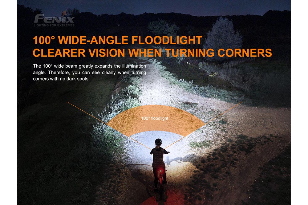 Fenix BC26R LED bike light with a bright floodlight design, mounted on a bicycle handlebar.