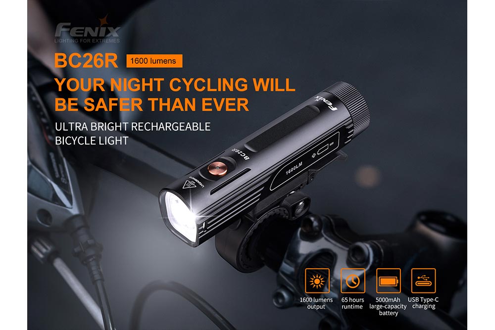 Fenix BC26R LED bike light with bright beam, compact design, and adjustable mount for easy installation on bicycles.