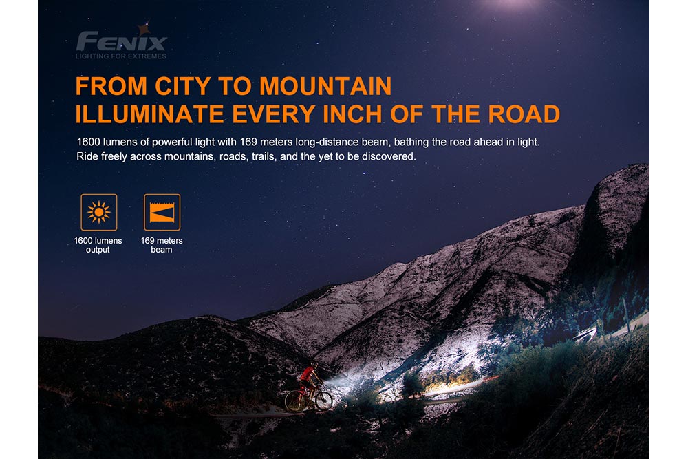 Fenix BC26R LED bike light mounted on a mountain bike, showcasing its sleek design and powerful illumination features.