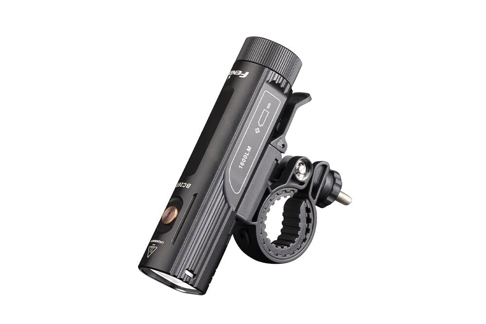 Side view of the Fenix BC26R LED bike light, showcasing its sleek design and powerful illumination features.
