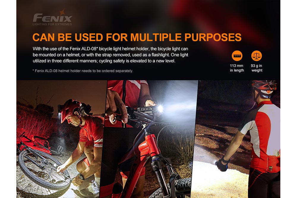 Fenix BC26R LED bike light mounted on a bicycle, illuminating a dark path during nighttime riding.