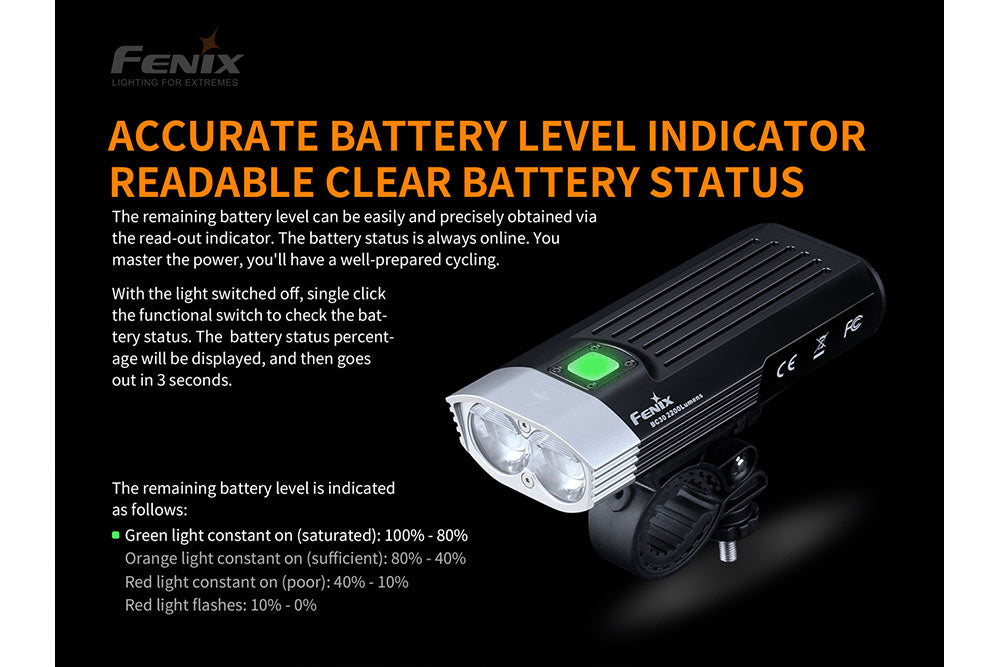 Fenix BC30 V2 LED bike light showing battery indicator and sleek design for enhanced cycling visibility.