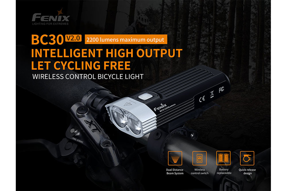 Fenix BC30 V2 LED bike light with dual beam pattern and sleek design mounted on a bicycle handlebar.