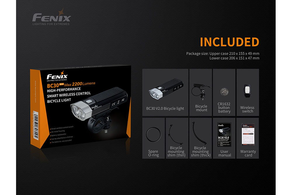 Fenix BC30 V2 LED bike light in packaging, showcasing the durable design and features for nighttime cycling safety.