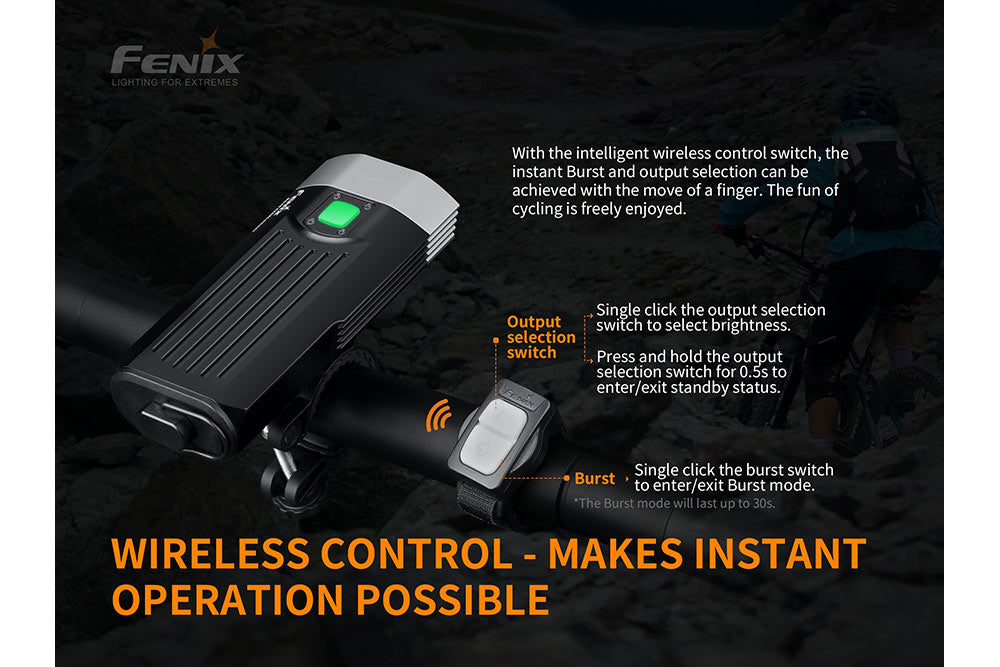 Fenix BC30 V2 LED bike light with remote, displaying dual beam pattern and sleek design for enhanced visibility.