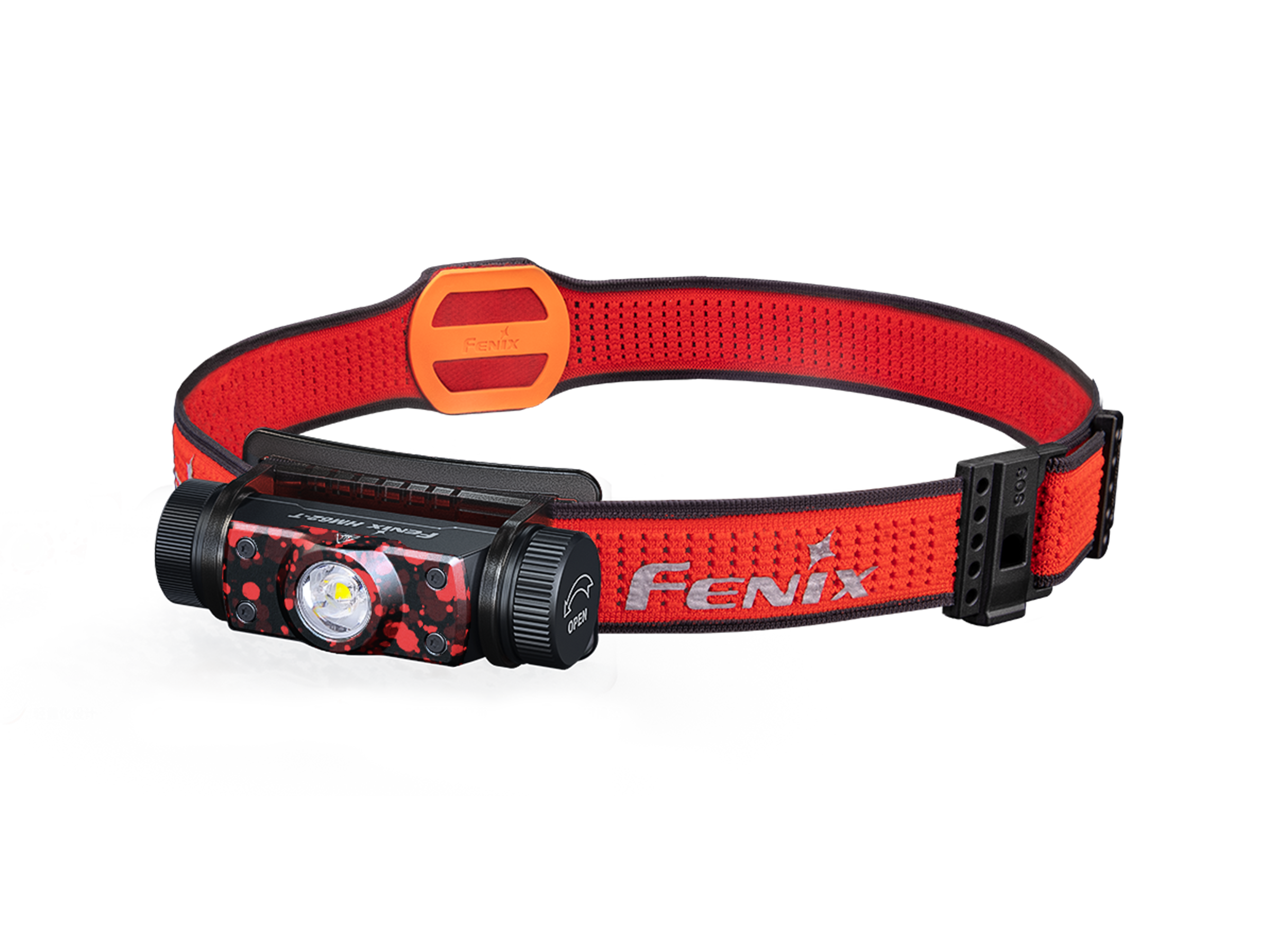 Fenix HM62-T lightweight trail running headlamp in magma color, showcasing front and right angles with a sleek design.