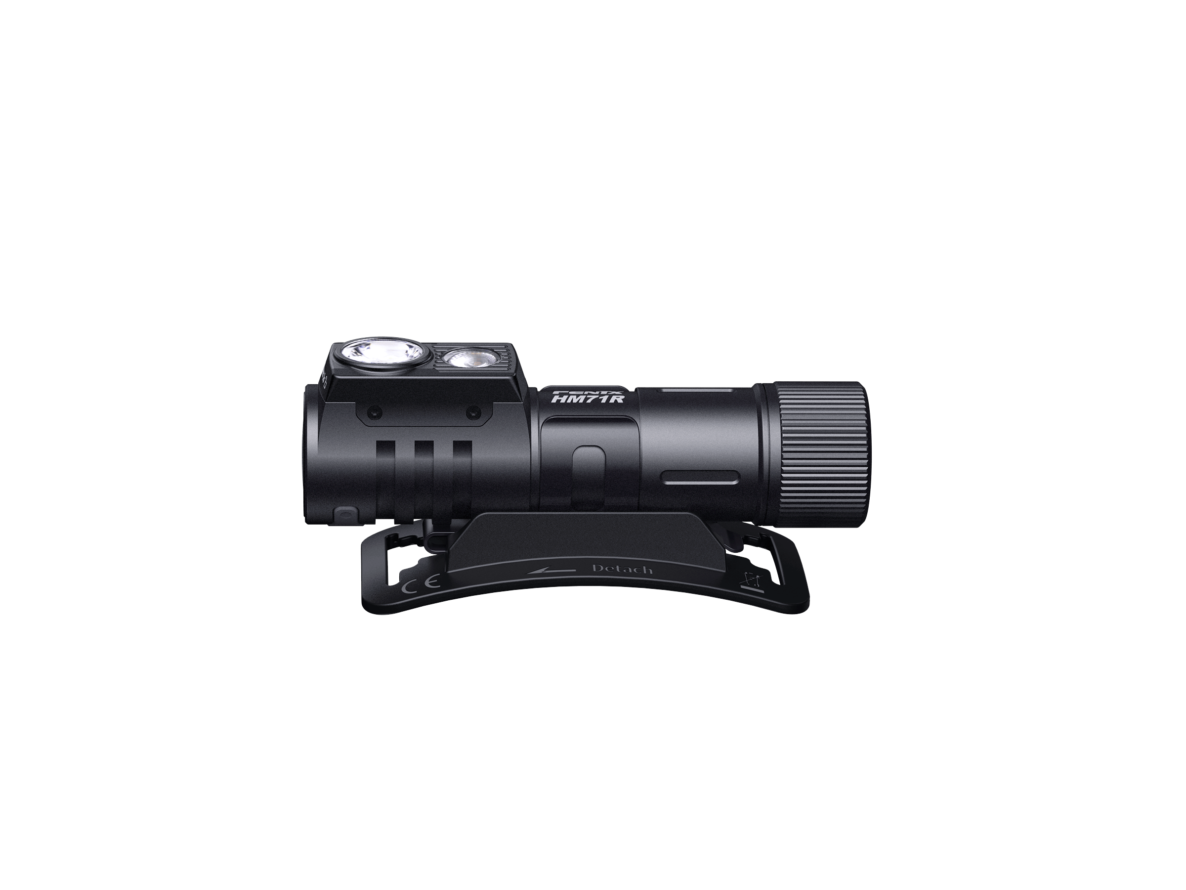 Fenix HM71R rechargeable industrial LED headlamp with adjustable strap and bright front light, shown from the bottom angle.