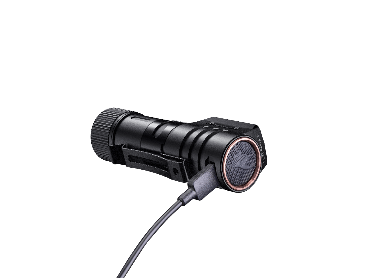 Fenix HM71R rechargeable industrial LED headlamp with adjustable strap and bright light, shown charging in the image.