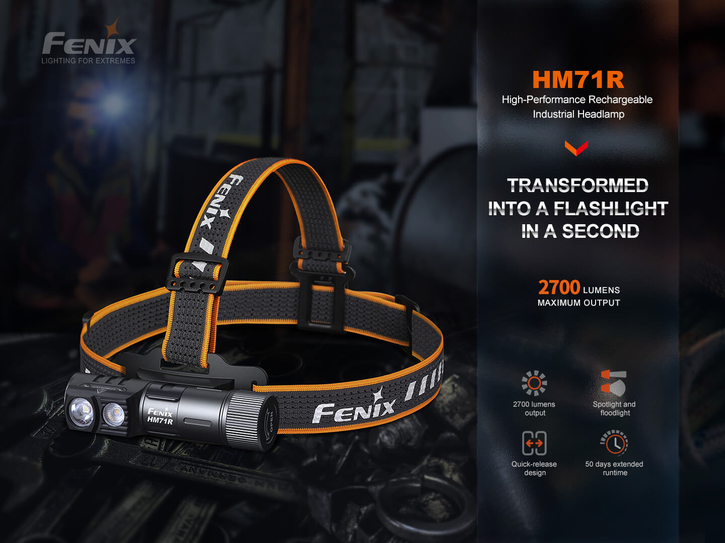 Fenix HM71R rechargeable industrial LED headlamp worn on a person's head, featuring adjustable straps and bright LED light.