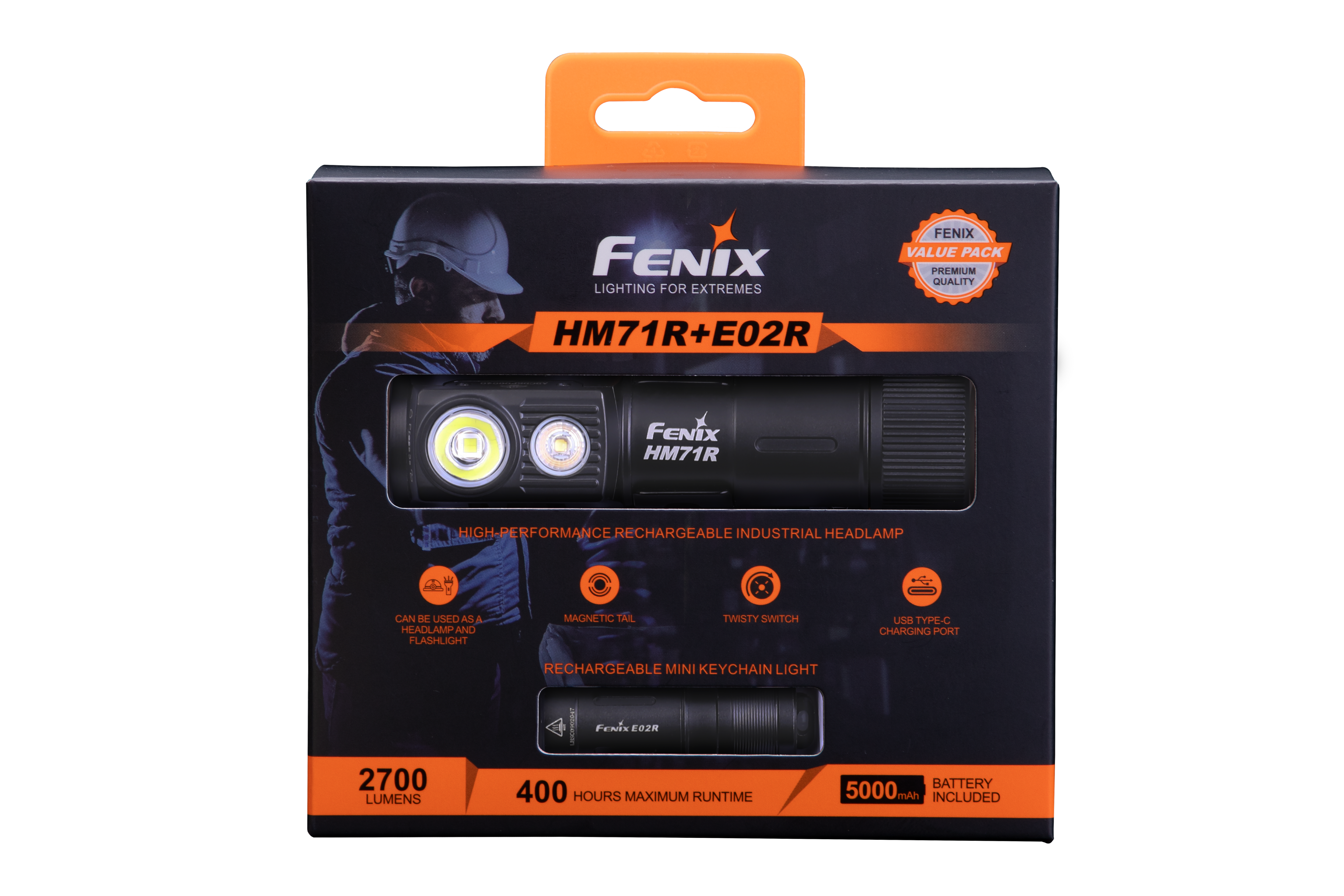 Fenix HM71R rechargeable industrial LED headlamp with adjustable straps and bright front light for outdoor and work use.