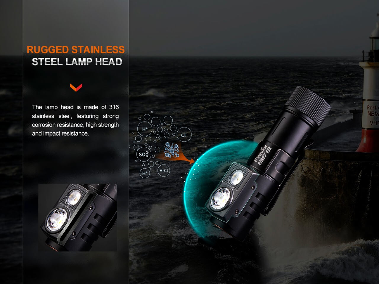 Fenix HM71R rechargeable industrial LED headlamp with adjustable strap and bright light in a steel background