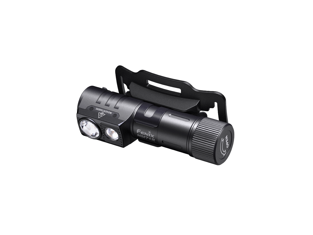 Fenix HM71R rechargeable industrial LED headlamp with adjustable straps and bright LED light, shown from a top right angle.