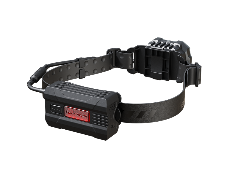 Fenix HP35R search and rescue headlamp shown from the back, featuring adjustable strap and rechargeable battery pack.