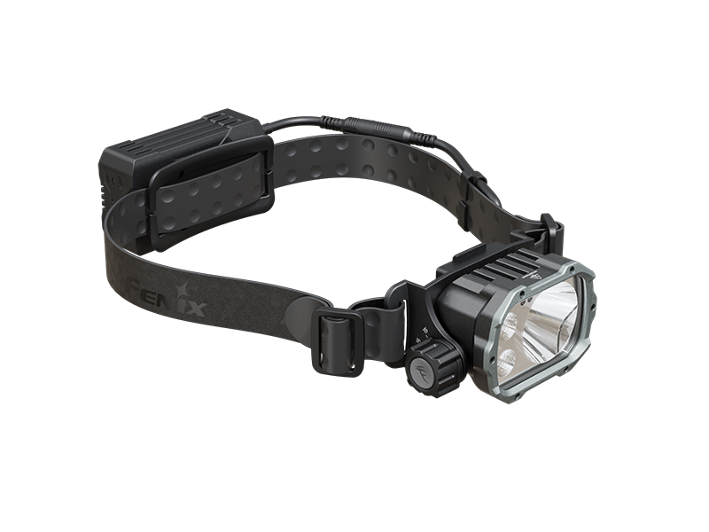 Fenix HP35R Search and Rescue headlamp showing front left view with adjustable straps and LED light for outdoor use