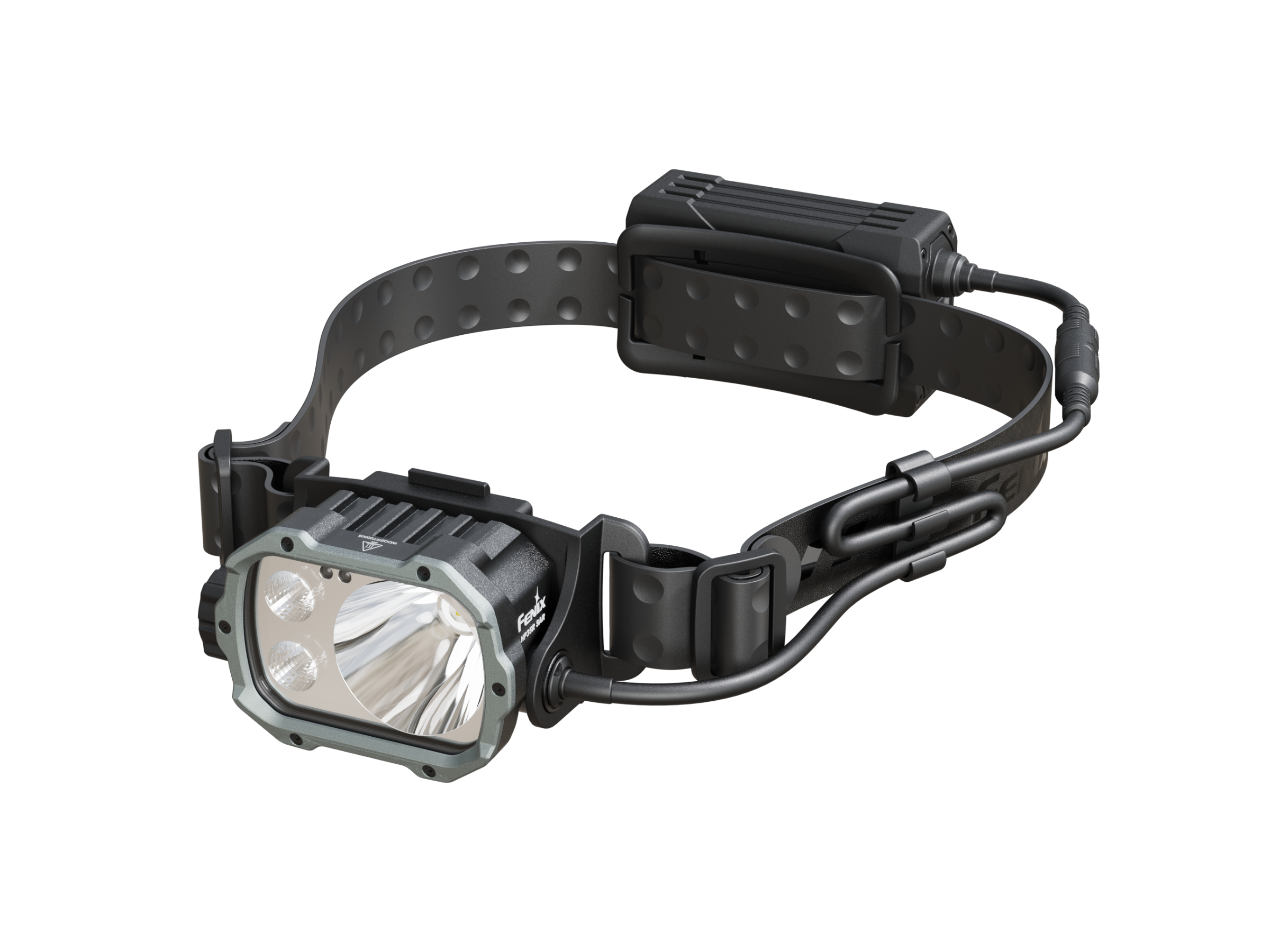 Fenix HP35R search and rescue headlamp front right view, black headlamp with adjustable straps and bright LED light for outdoor use