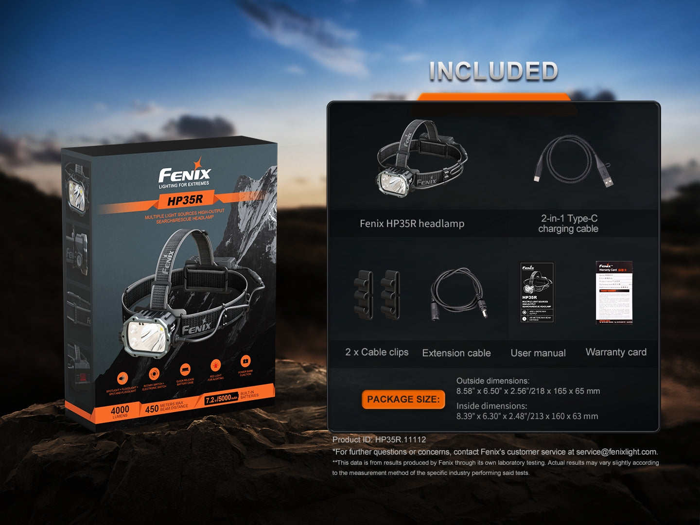 Fenix HP35R search and rescue headlamp with adjustable straps and LED light, designed for outdoor and emergency use.