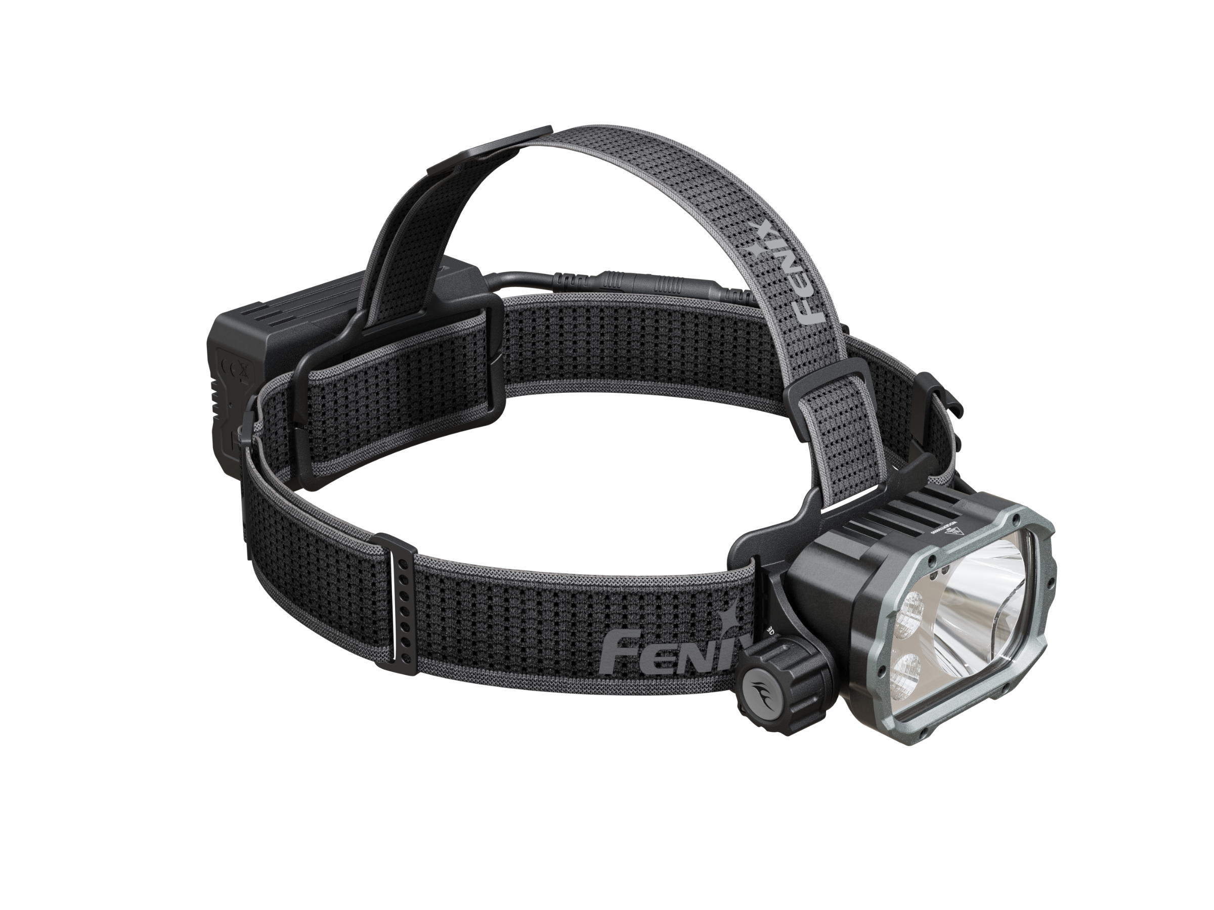 Fenix HP35R search and rescue headlamp showing adjustable strap, bright LED light, and compact design for outdoor safety.