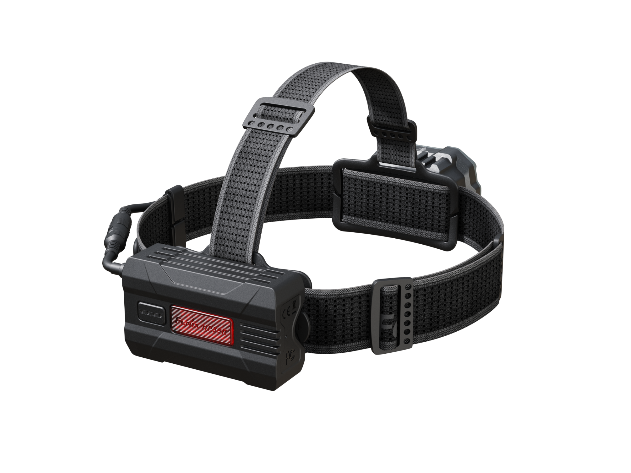Fenix HP35R search and rescue headlamp showing the adjustable strap and rear battery compartment, designed for outdoor activities.