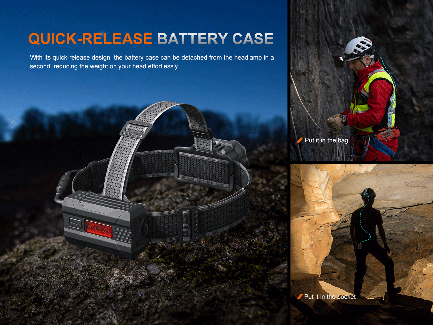 Fenix HP35R search and rescue headlamp with battery case, adjustable head strap, and LED light for outdoor or emergency use