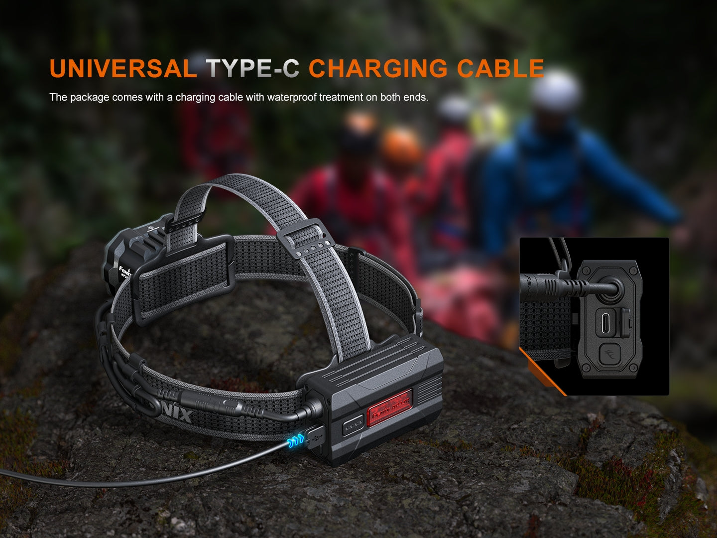 Fenix HP35R search and rescue headlamp with charging port and adjustable straps, designed for outdoor and rescue activities.