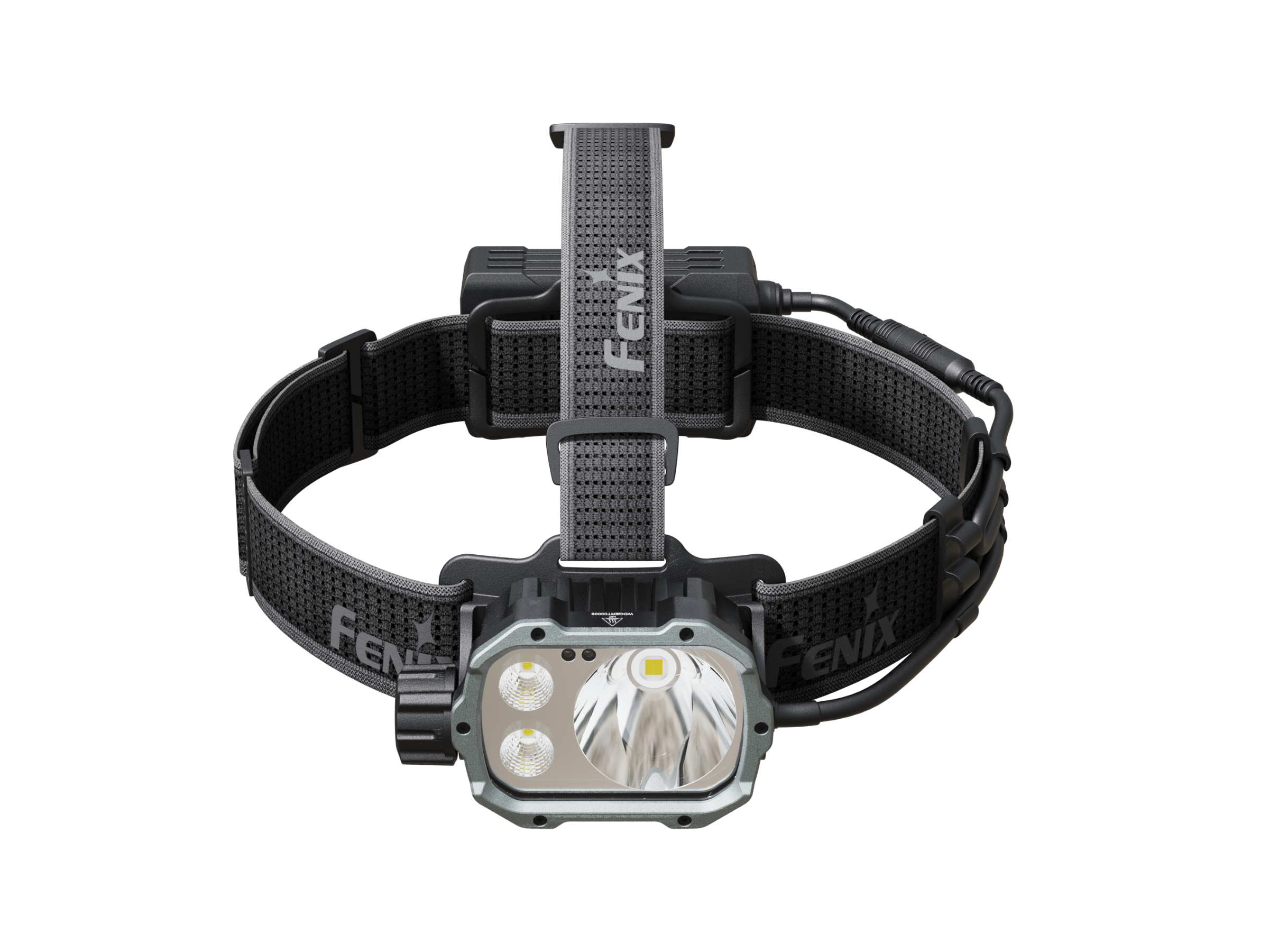Fenix HP35R search and rescue headlamp with adjustable strap and bright LED light, front view showing illumination and controls.