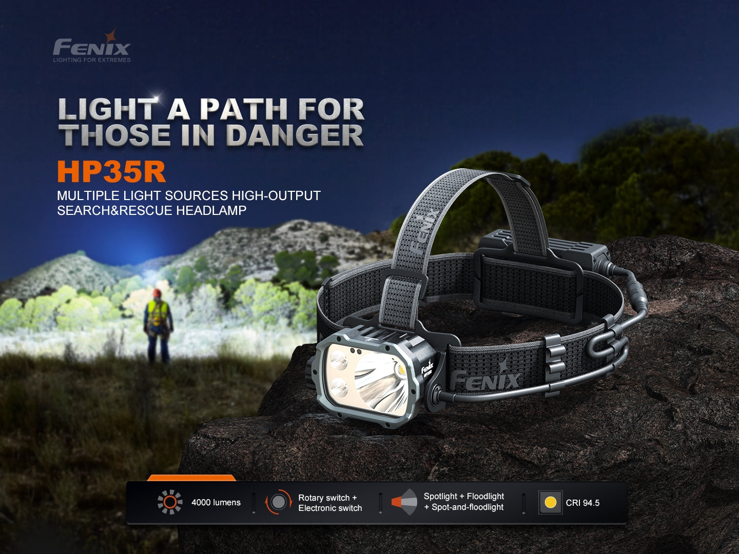 Fenix HP35R search and rescue headlamp with adjustable straps, bright LED light, and compact design for outdoor activities