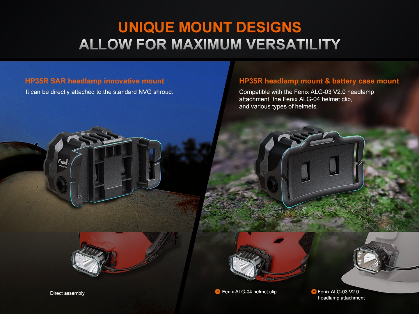Fenix HP35R search and rescue headlamp mounted on a head strap with bright LED light for outdoor or rescue activities.