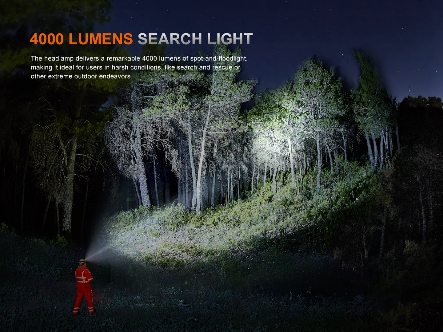 Fenix HP35R search and rescue headlamp with adjustable strap, bright LED light, and durable design for outdoor emergencies.