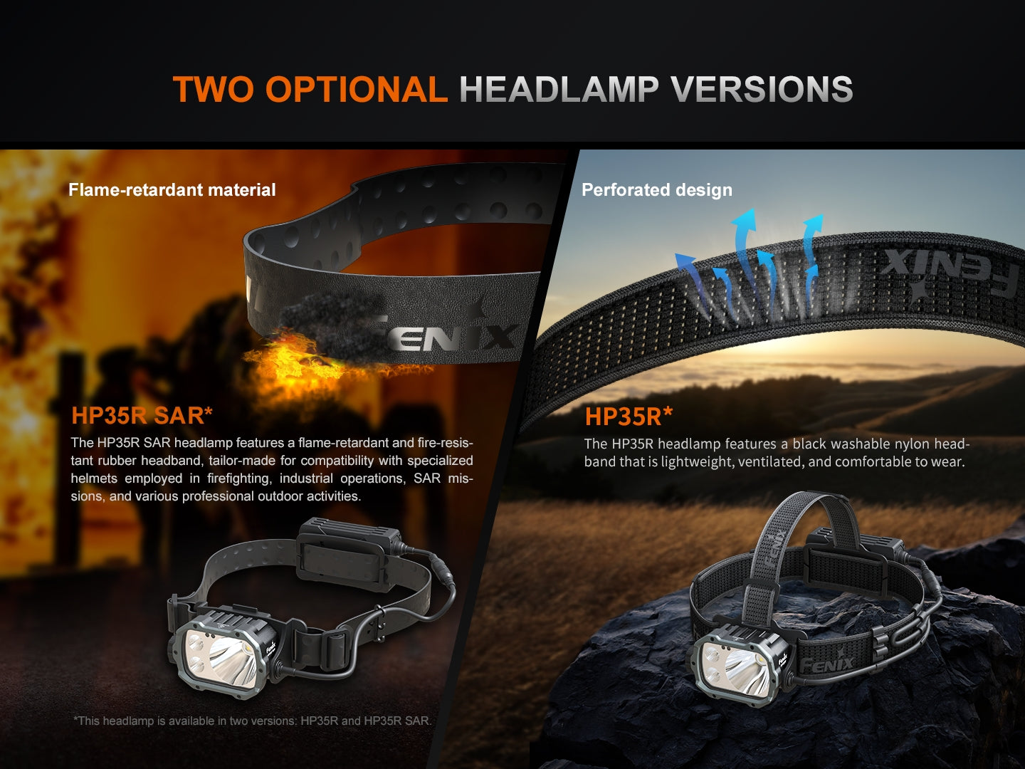 Fenix HP35R search and rescue headlamp with adjustable straps, LED light, and durable design for outdoor and rescue use