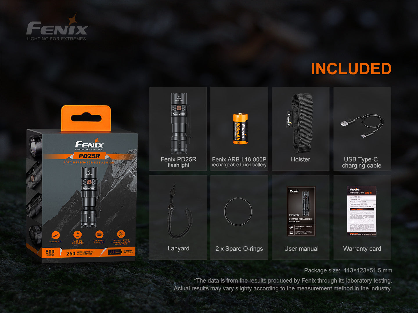 Fenix PD25R rechargeable EDC flashlight with accessories, showcasing compact design and bright LED light features.