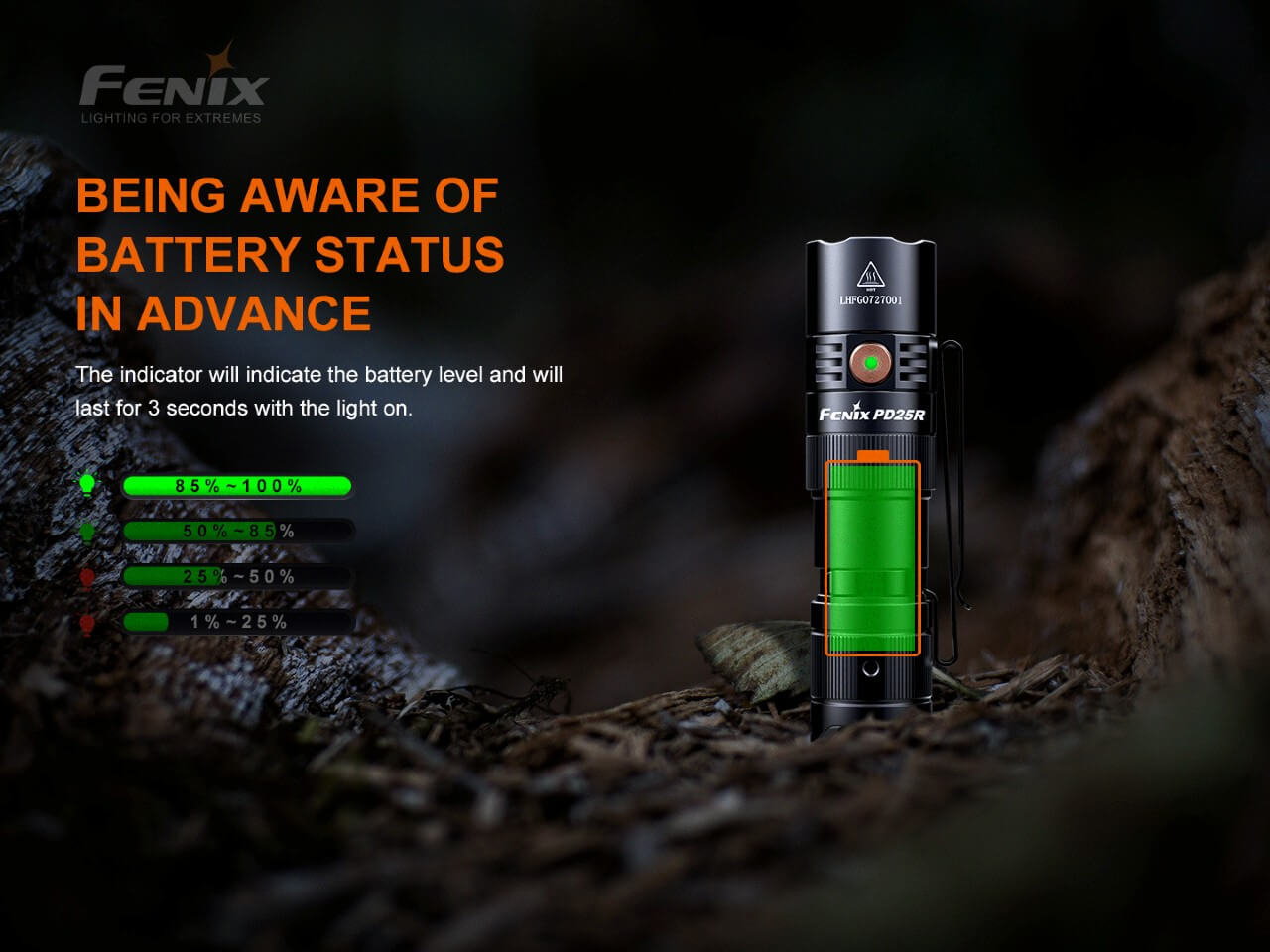 Fenix PD25R rechargeable LED flashlight displaying battery status with compact design for everyday carry use.