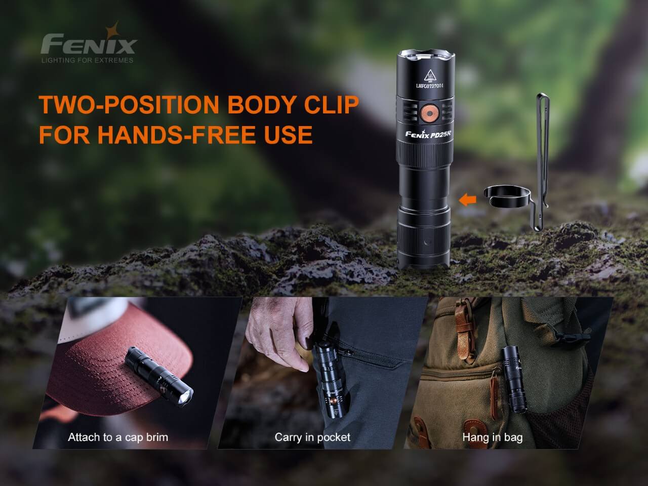 Fenix PD25R rechargeable LED flashlight with a clip, showcasing compact design and bright illumination for everyday carry.
