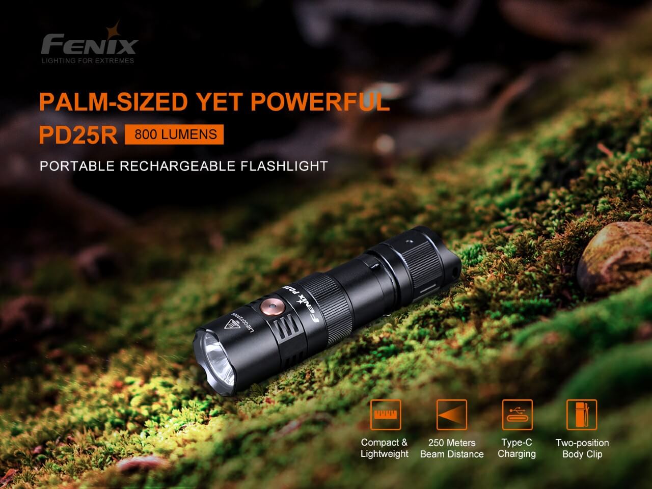 Fenix PD25R rechargeable EDC flashlight with compact design and bright LED beam, suitable for everyday use.