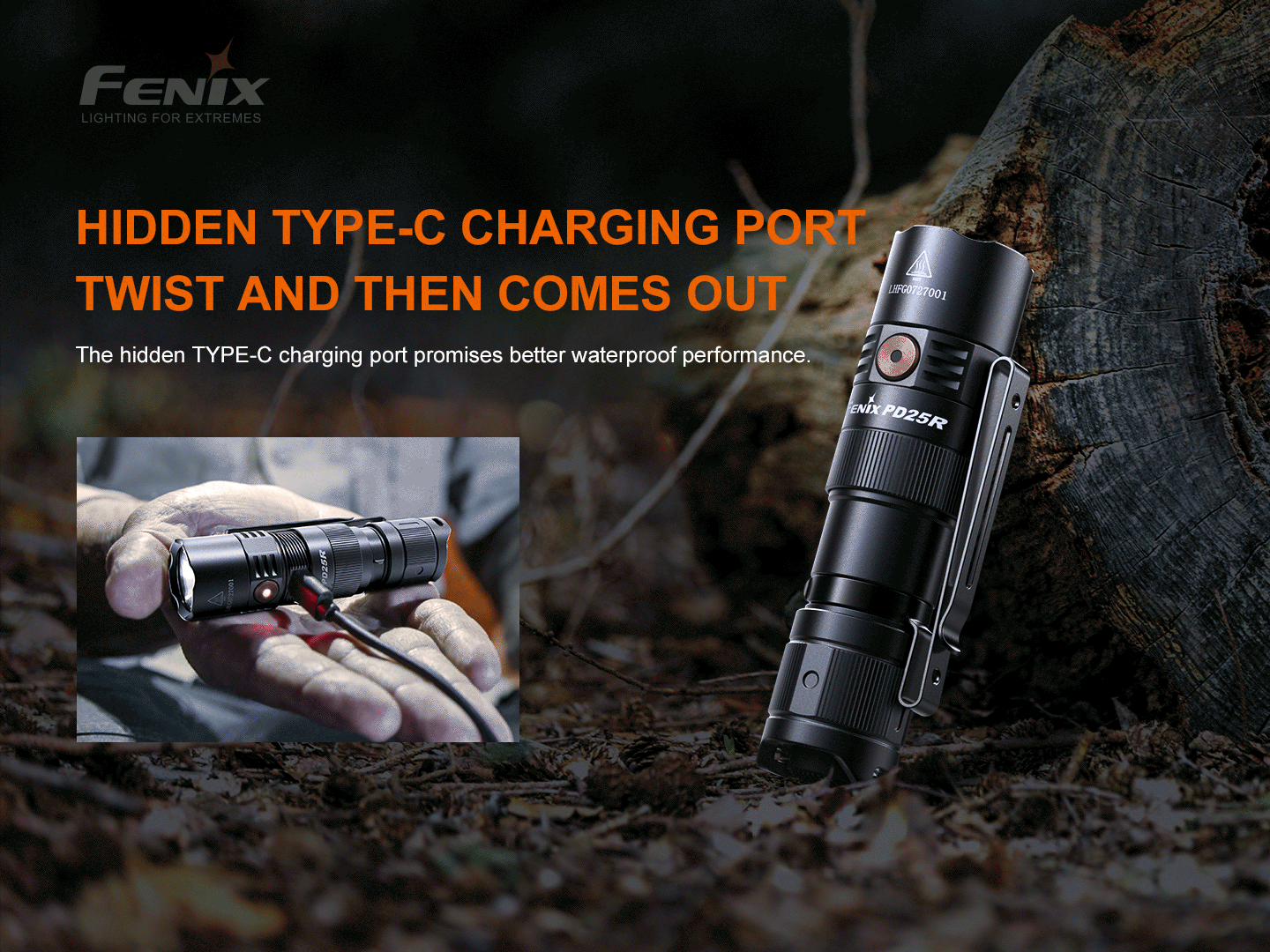 Fenix PD25R rechargeable EDC flashlight with compact design and bright LED beam, ideal for everyday carry.