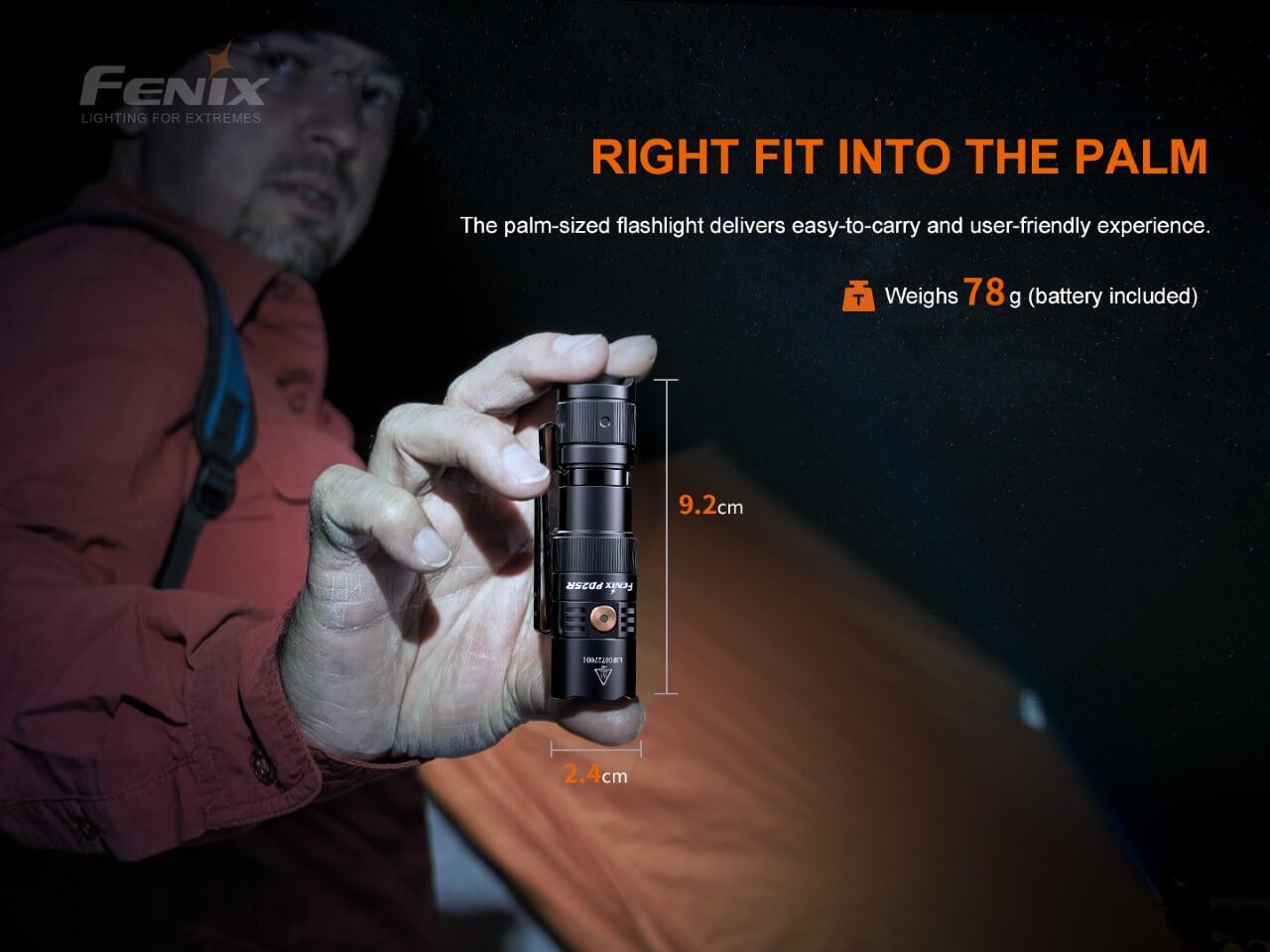 Fenix PD25R rechargeable EDC flashlight shown with compact size for easy portability and bright LED illumination.