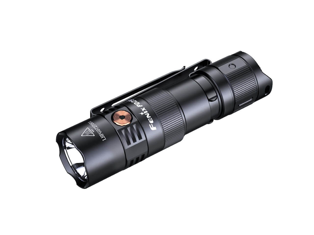 Fenix PD25R rechargeable EDC flashlight with compact design and bright LED light, shown from a side angle.