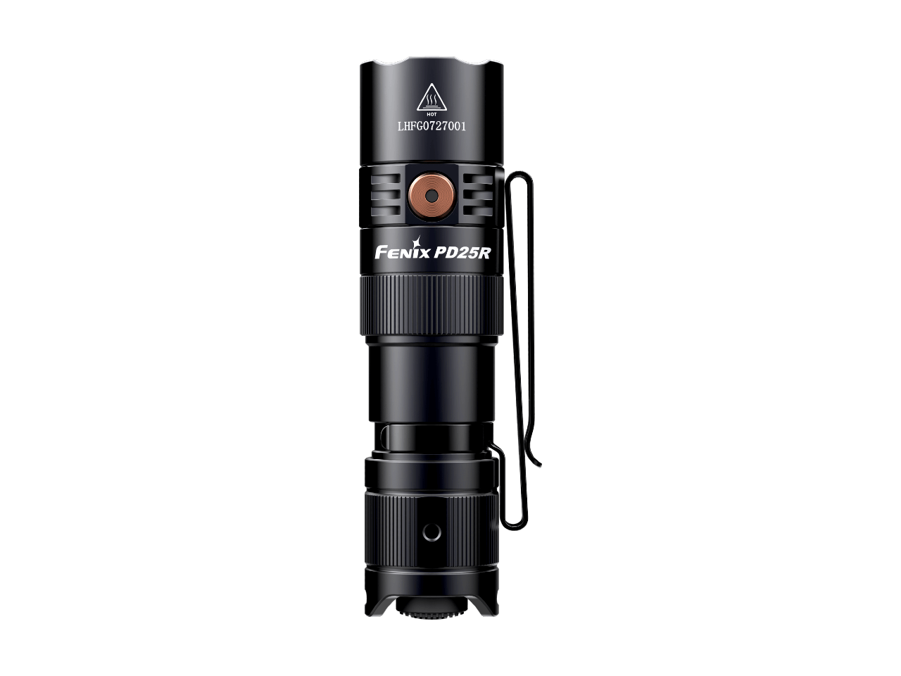 Fenix PD25R rechargeable EDC flashlight with compact design and LED light, viewed from the top.