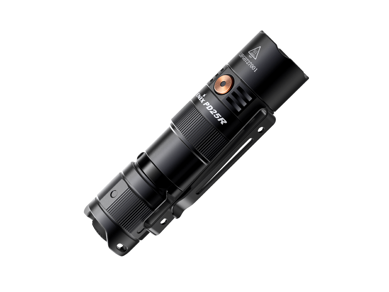 Top view of Fenix PD25R rechargeable LED EDC flashlight with compact design and textured grip.
