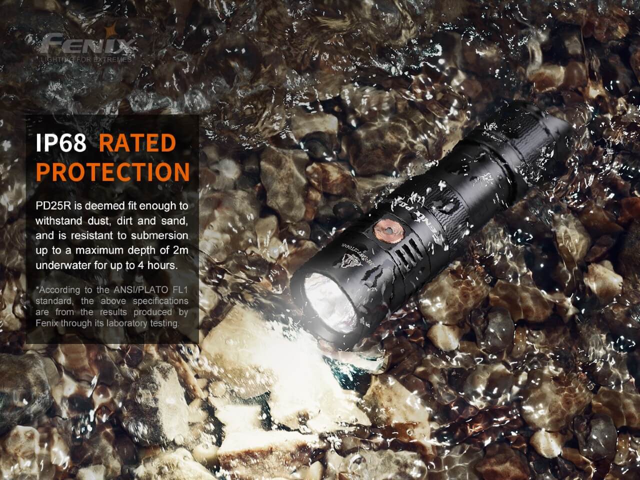 Fenix PD25R rechargeable LED flashlight with waterproof design, showcasing compact EDC features and bright illumination.