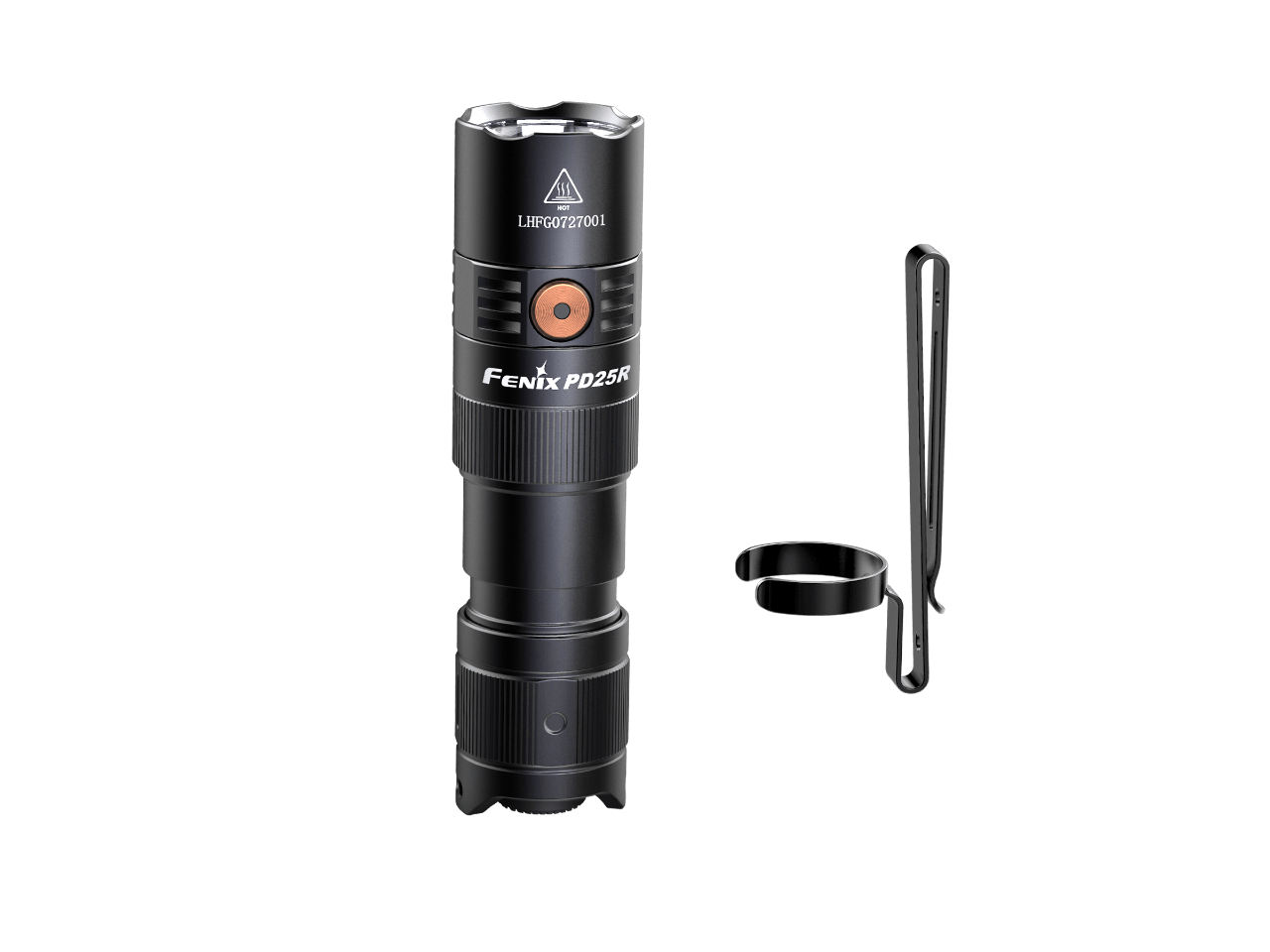 Fenix PD25R rechargeable LED flashlight with clip, compact EDC design, bright light beam, and durable construction.