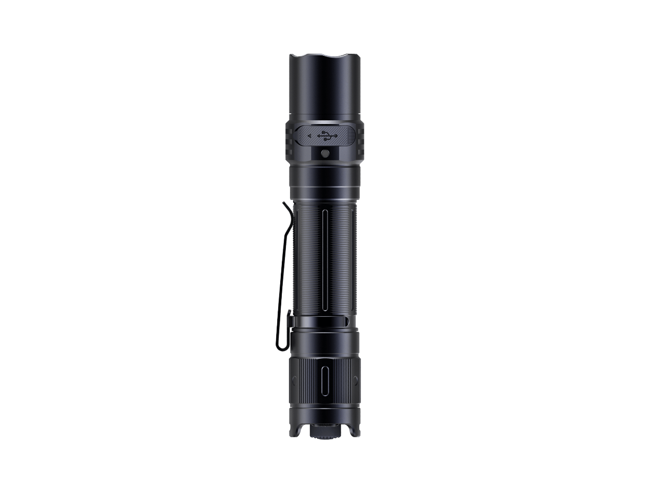 Fenix PD35R compact rechargeable tactical flashlight shown from the bottom, highlighting its design and charging port.