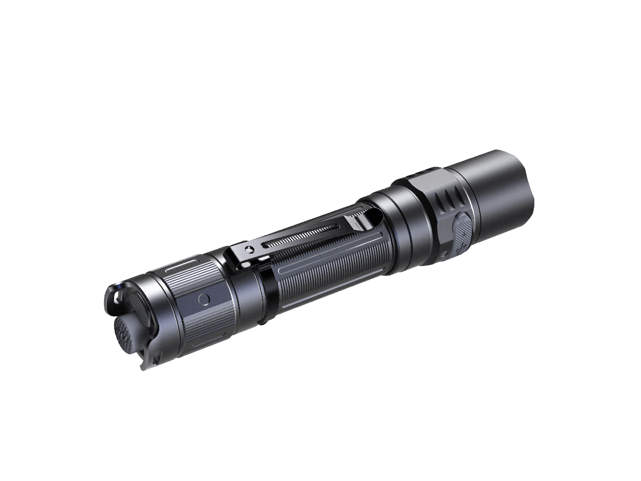 Fenix PD35R compact rechargeable tactical flashlight with a clip, showcasing its sleek design and bright LED beam.